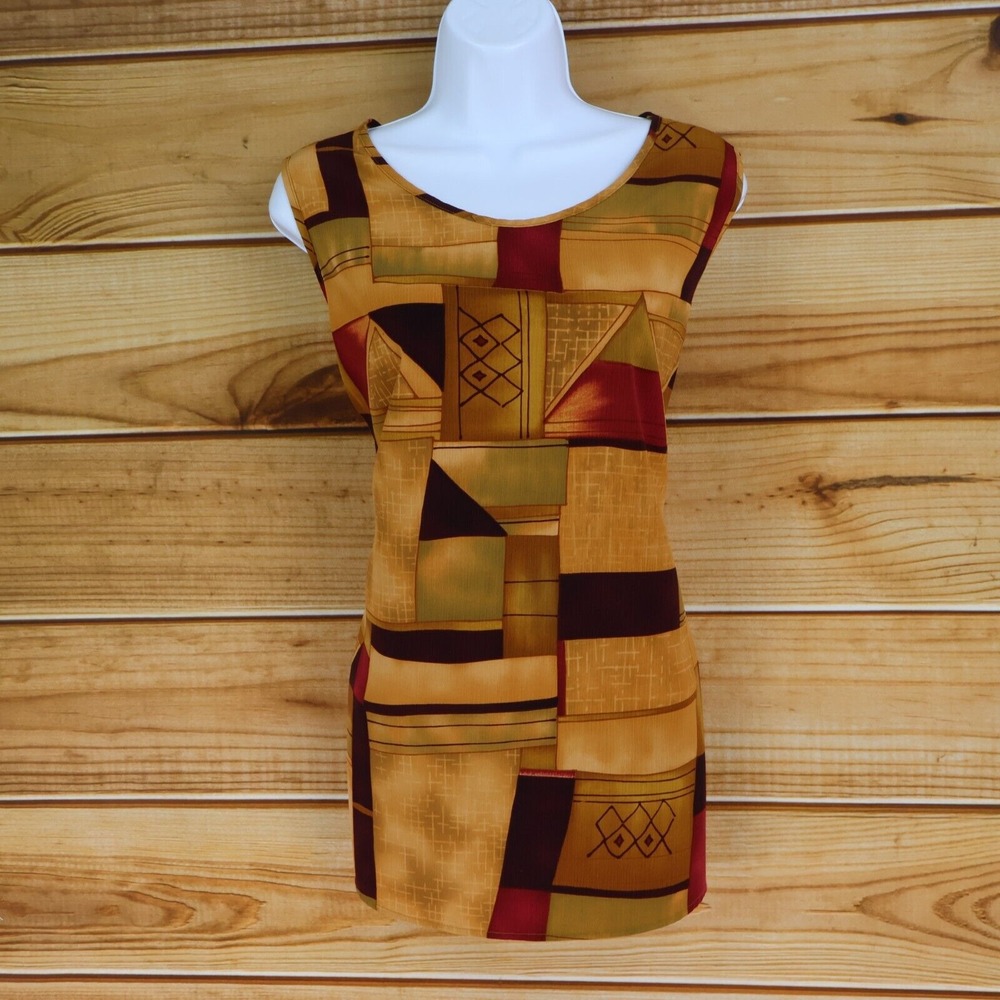Maggie Sweet Sleeveless Blouse Womens Size 1X Golden Brown Multicolor Geometric